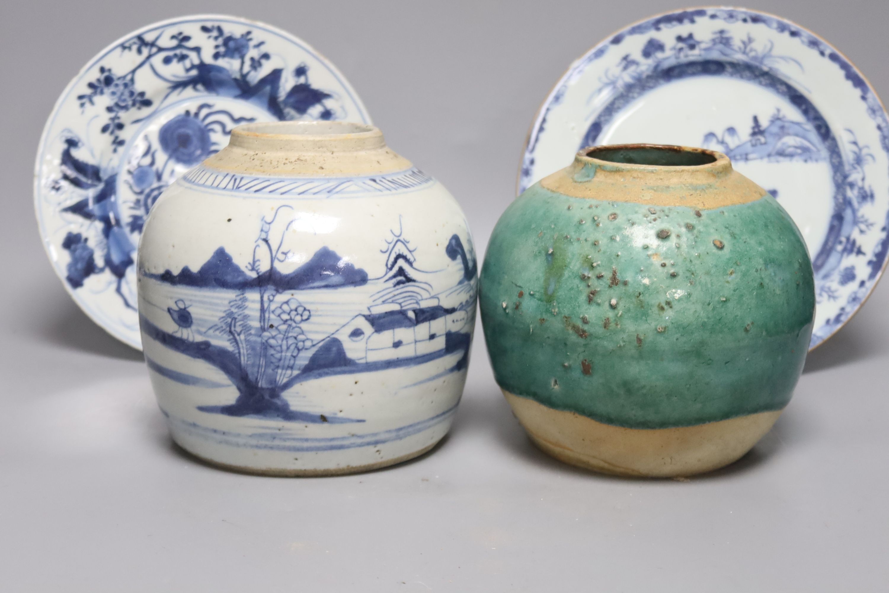 A Chinese blue and white porcelain jar, a similar smaller jar and sundry items